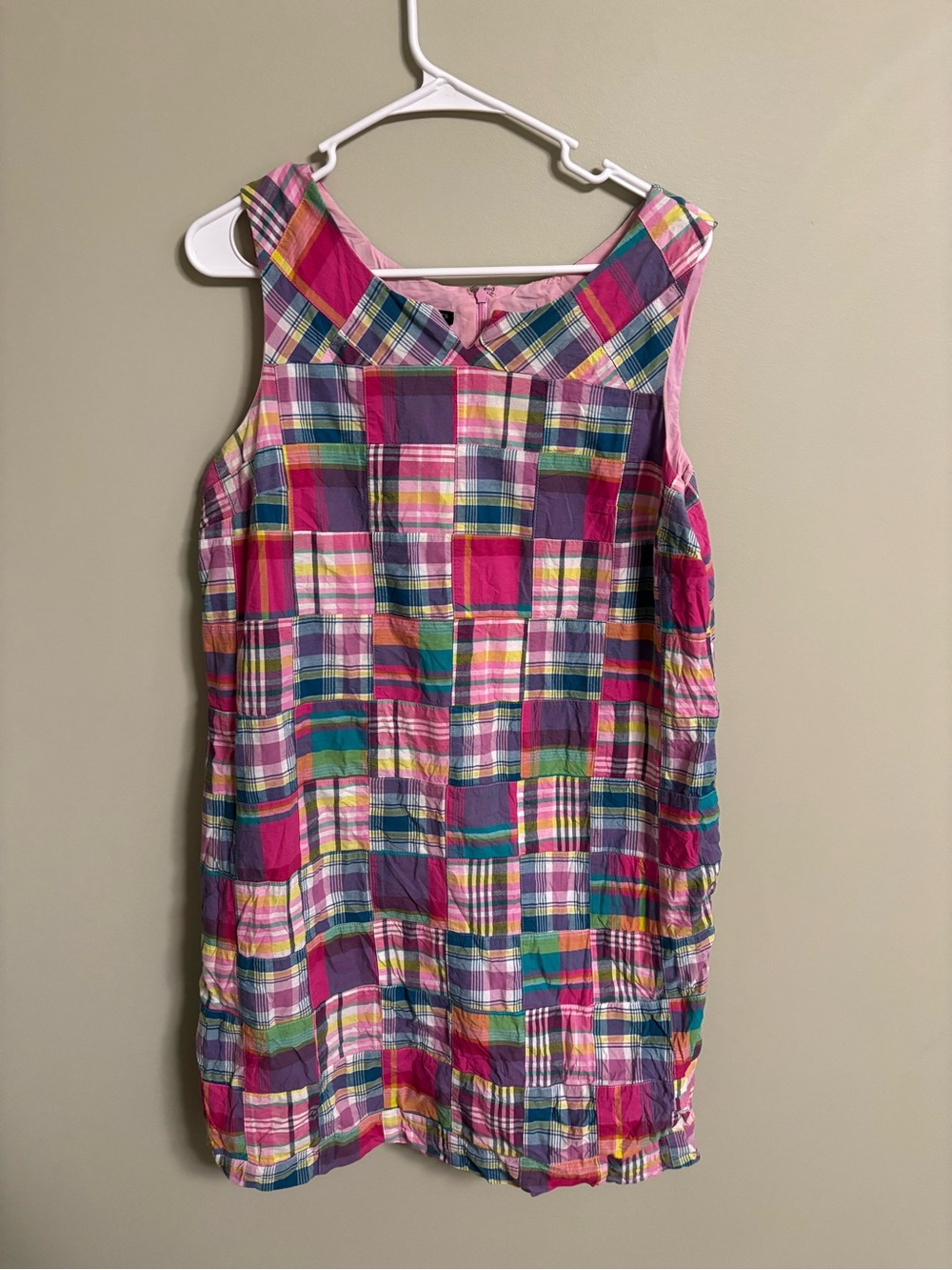 Talbots Size 14P Madras Plaid Patchwork Shift Dress Pink Pockets